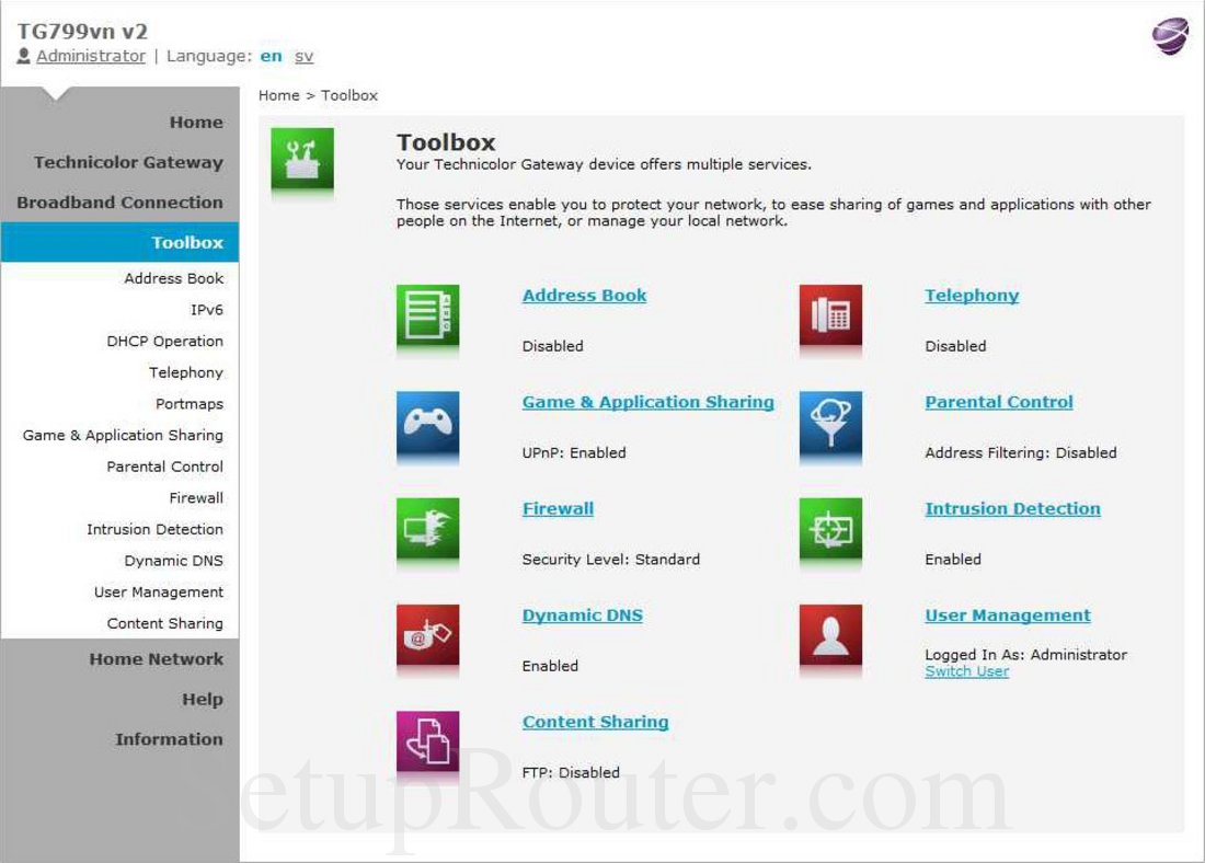 Technicolor TG799vnv2 Screenshot Toolbox