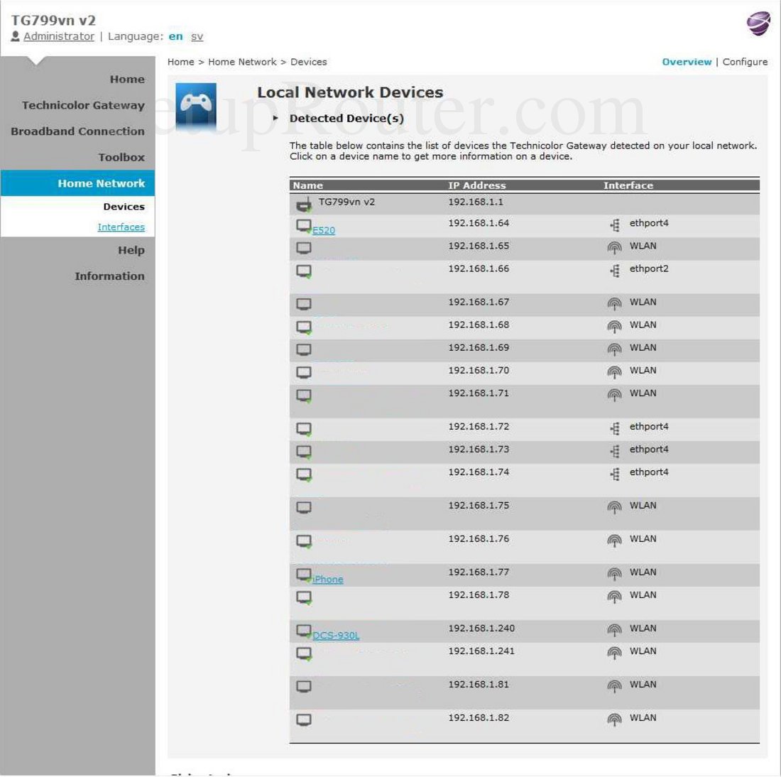 Technicolor TG799vnv2 Screenshot Local Network Devices