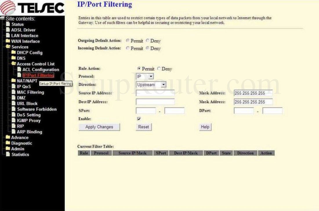 Telsec TS9000 Screenshot IP Port Filtering