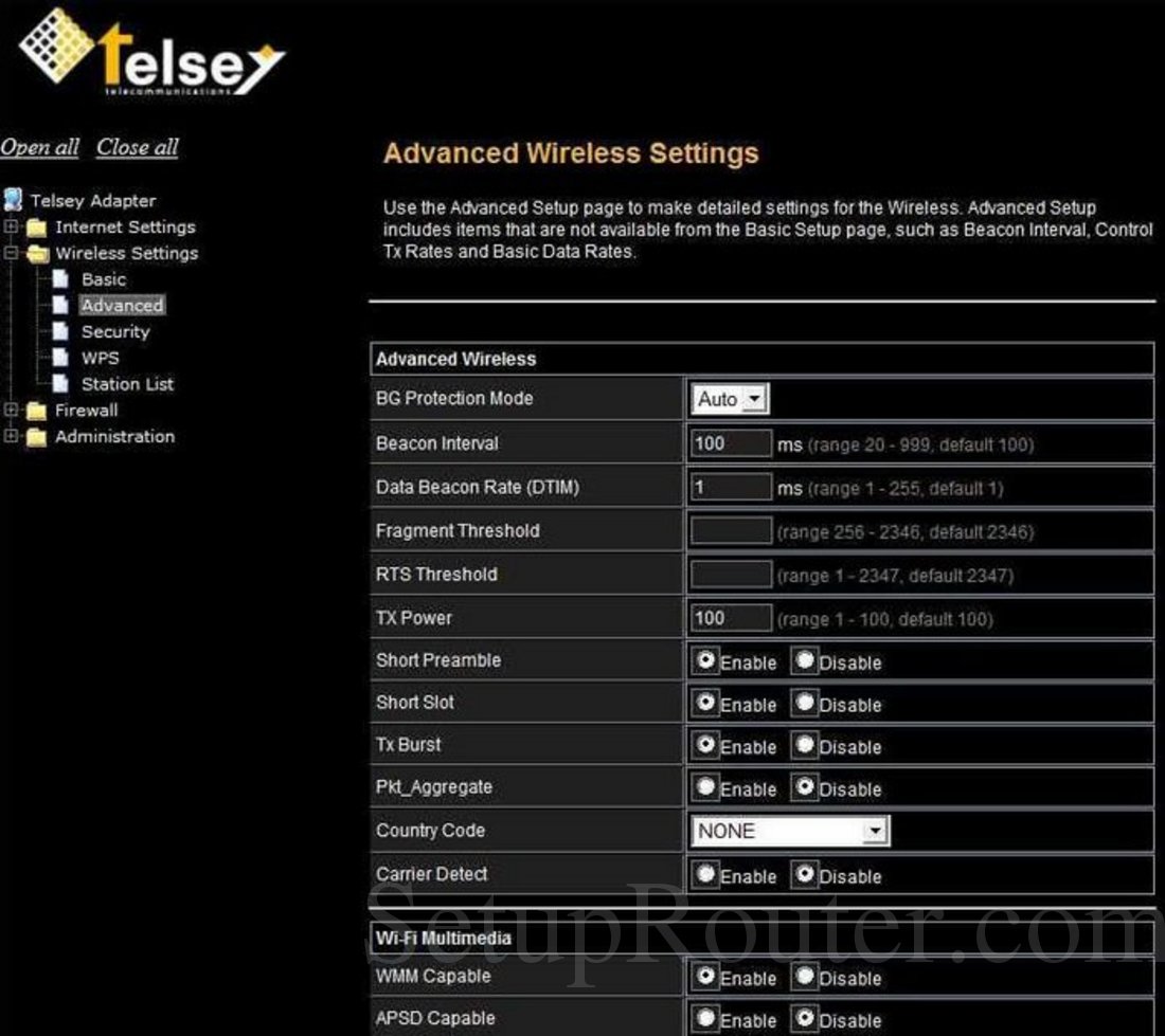 Telsey WAU11n Screenshot Advanced Wireless Settings