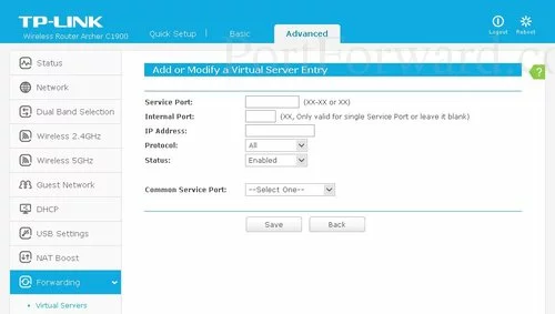 TP-Link Archer C1900 Virtual Servers Add