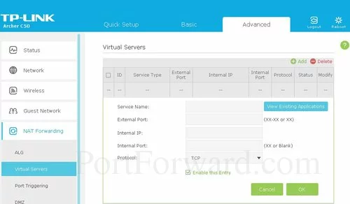 TP-Link Archer C50 Virtual Servers Add