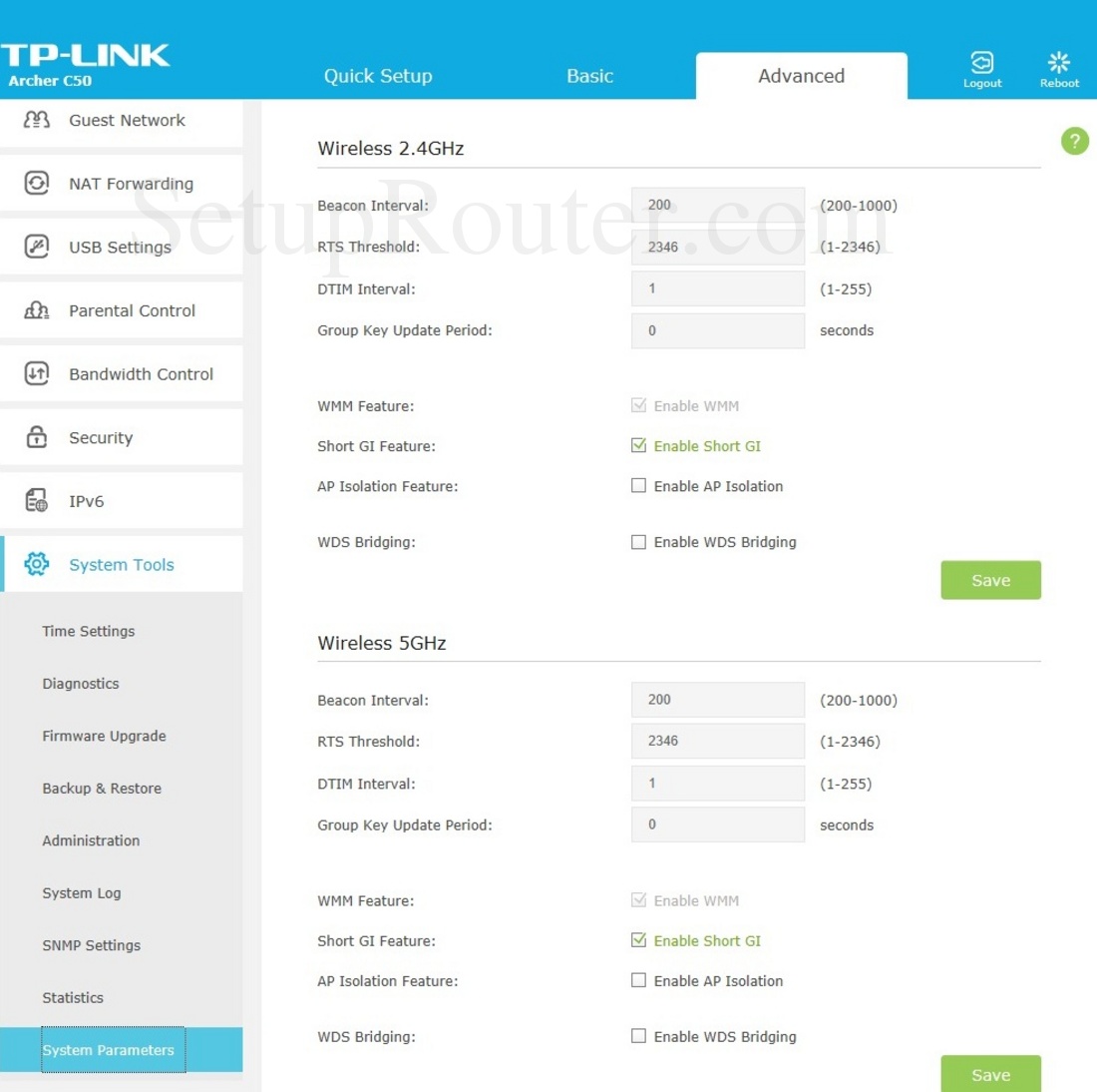 TP-Link Archer C50 Screenshot SystemParameters