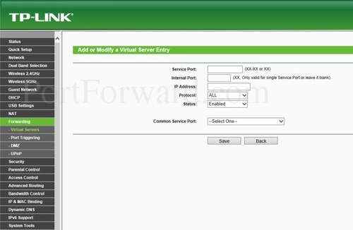 TP-Link Archer C7 v2 Virtual Servers Add