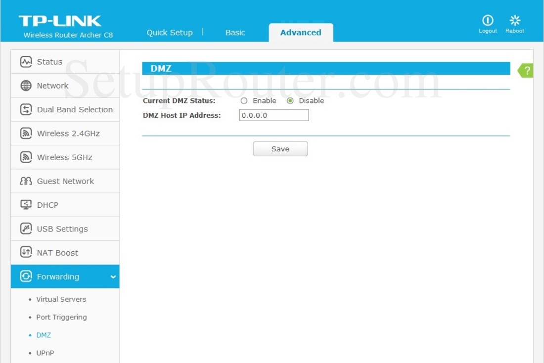 TPLink Archer C8 Screenshot DMZ