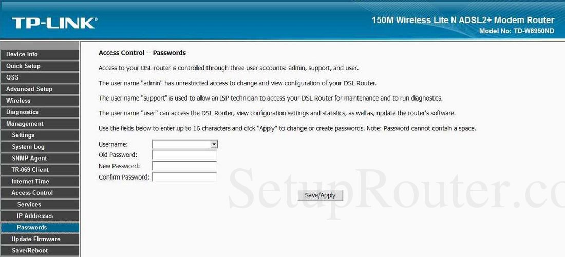TPLink TDW8950ND Screenshot Access Control Passwords