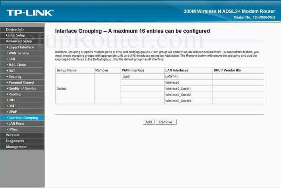TPLink TDW8960NB Screenshot Interface Grouping