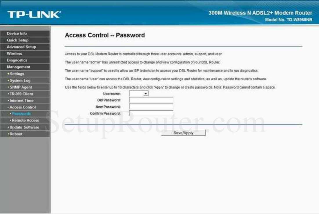 TPLink TDW8960NB Screenshot Access Control Passwords