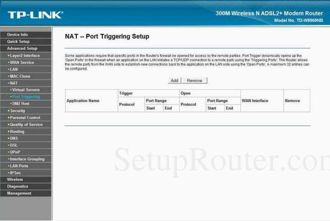 TPLink TDW8960NB Screenshot Port Triggering