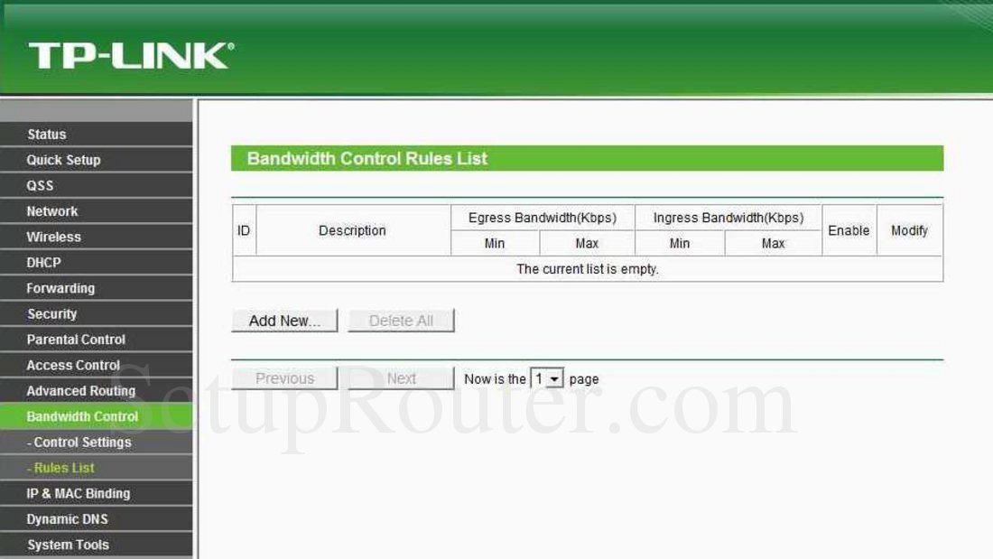 TPLink TLMR3240 Screenshot Bandwidth Control Rules List