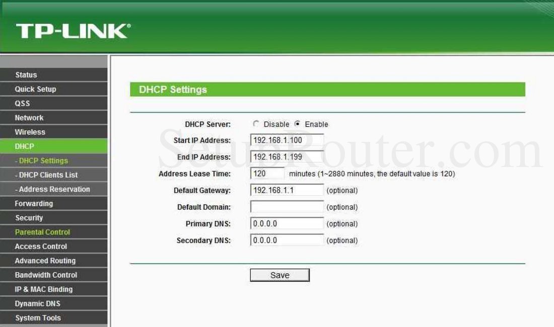TPLink TLMR3240 Screenshot DHCP Settings