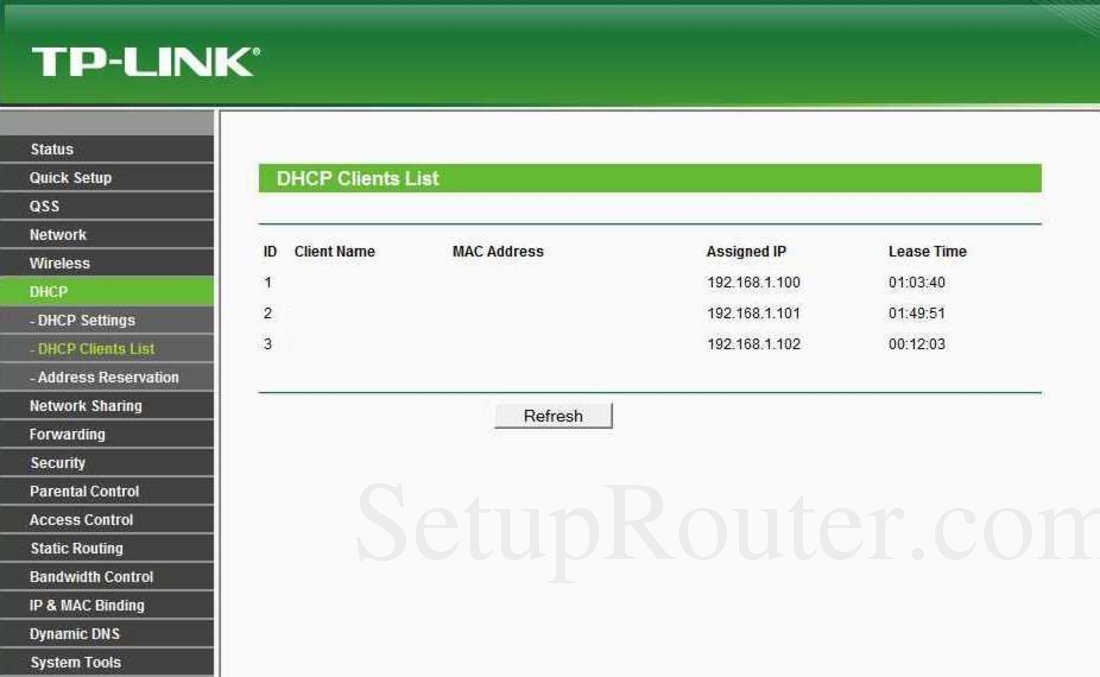 TPLink TLWR1043N Screenshot DHCP Clients List