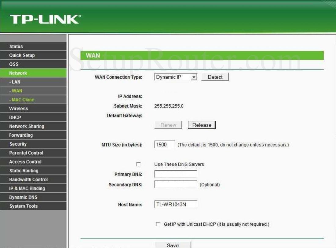 TP-Link TL-WR1043ND Screenshot Network - WAN