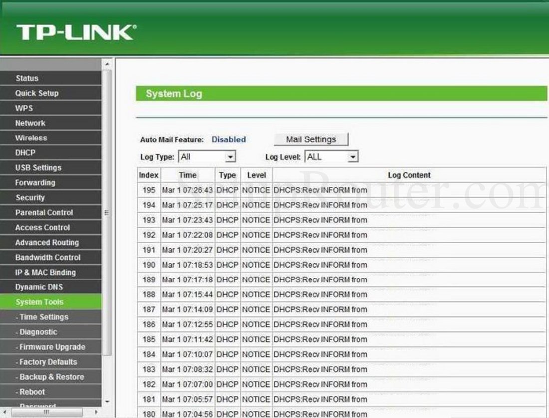 TPLink TLWR2543ND Screenshot System Log
