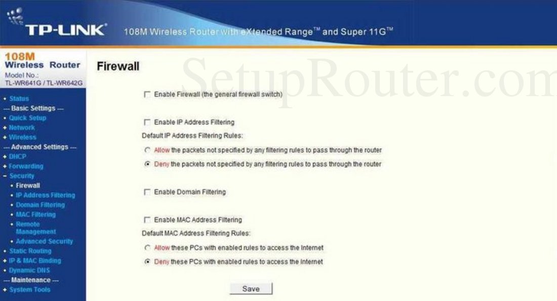 TPLink TLWR641G Screenshot Firewall