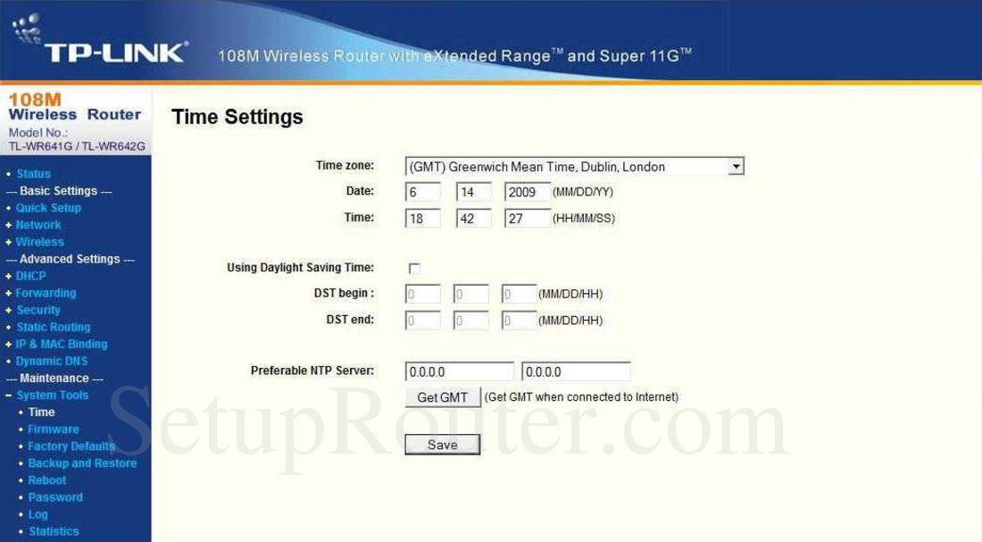 TPLink TLWR642G Screenshot Time Settings