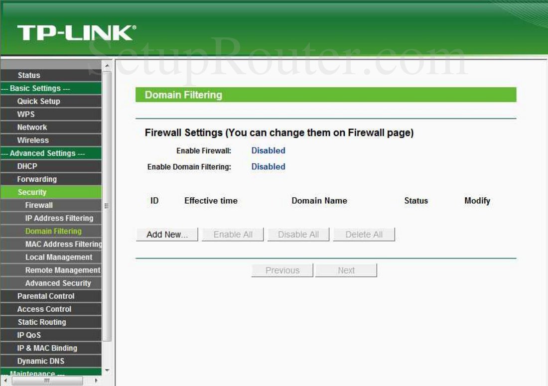 TPLink TLWR720N Screenshot Domain Filtering