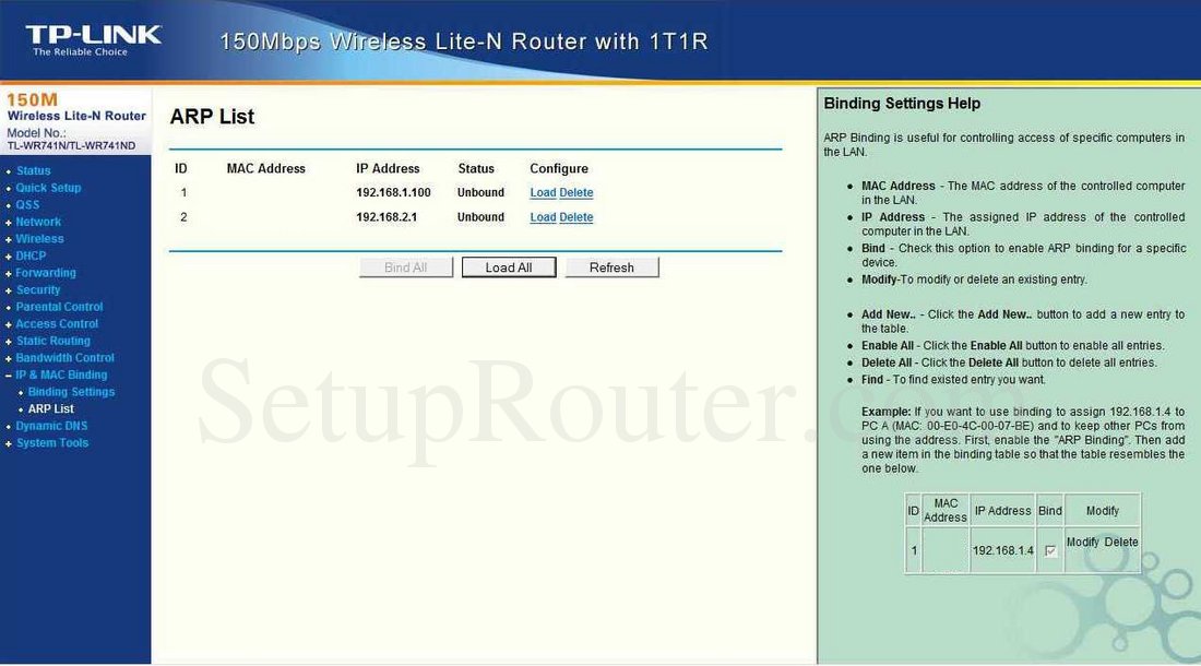 TPLink TLWR741ND Screenshot ARP List