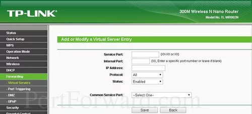 TP-Link TL-WR802N Virtual Servers Add