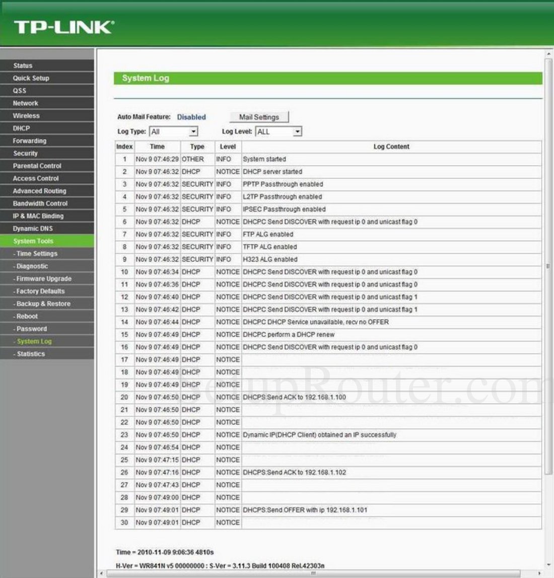 TPLink TLWR841ND Screenshot System Log