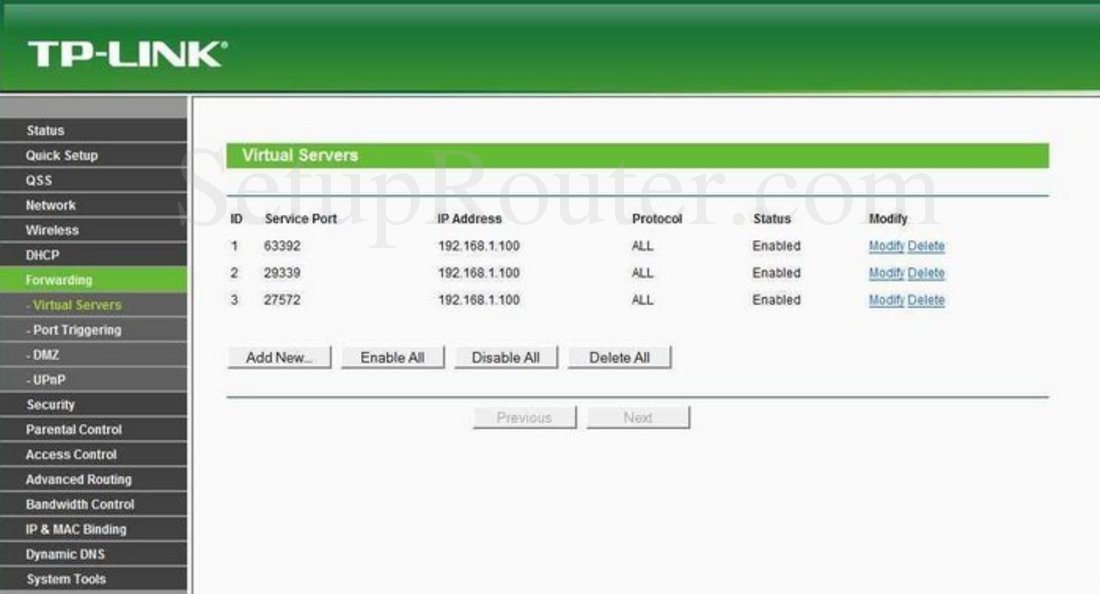 TPLink TLWR841ND Screenshot Virtual Servers