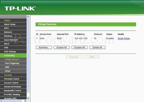 TP-Link TL-WR842N Virtual Servers