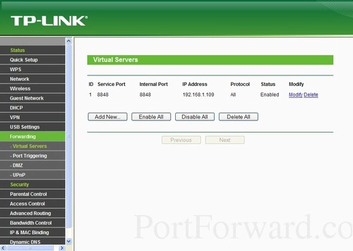 TP-Link TL-WR842ND Virtual Servers