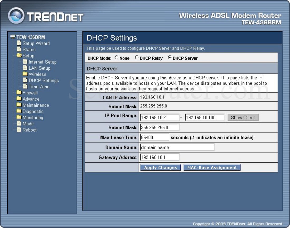 TEW436BRM Screenshot DHCP Settings