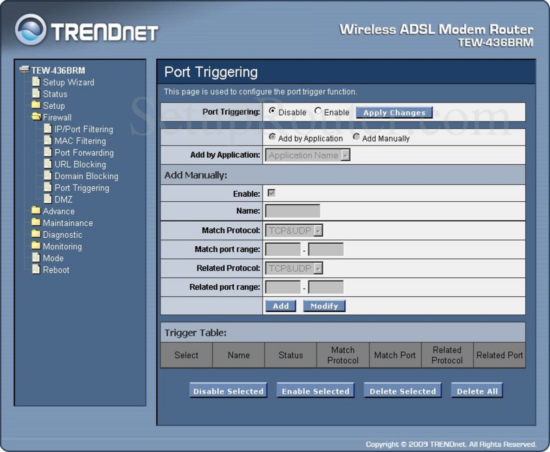 TEW436BRM Screenshot Port Triggering