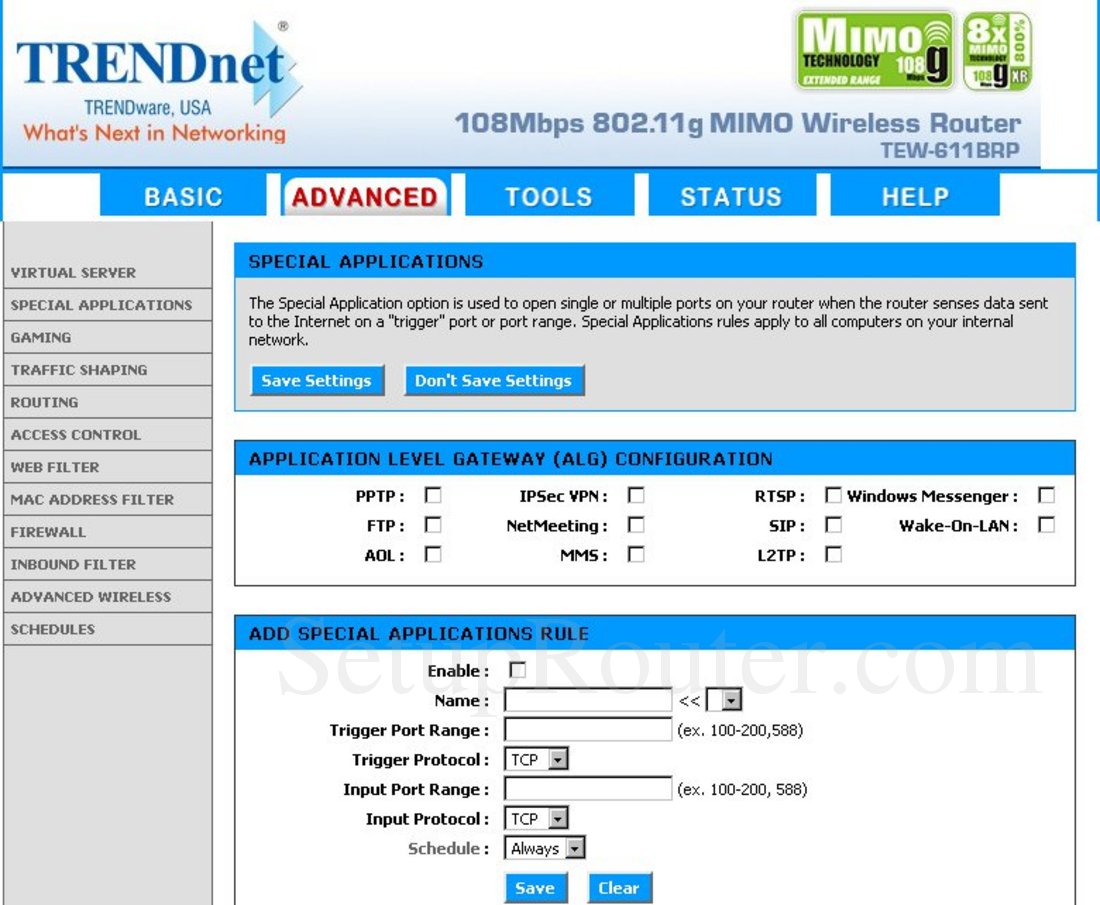 TRENDnet TEW-611BRP Screenshot Special Applications