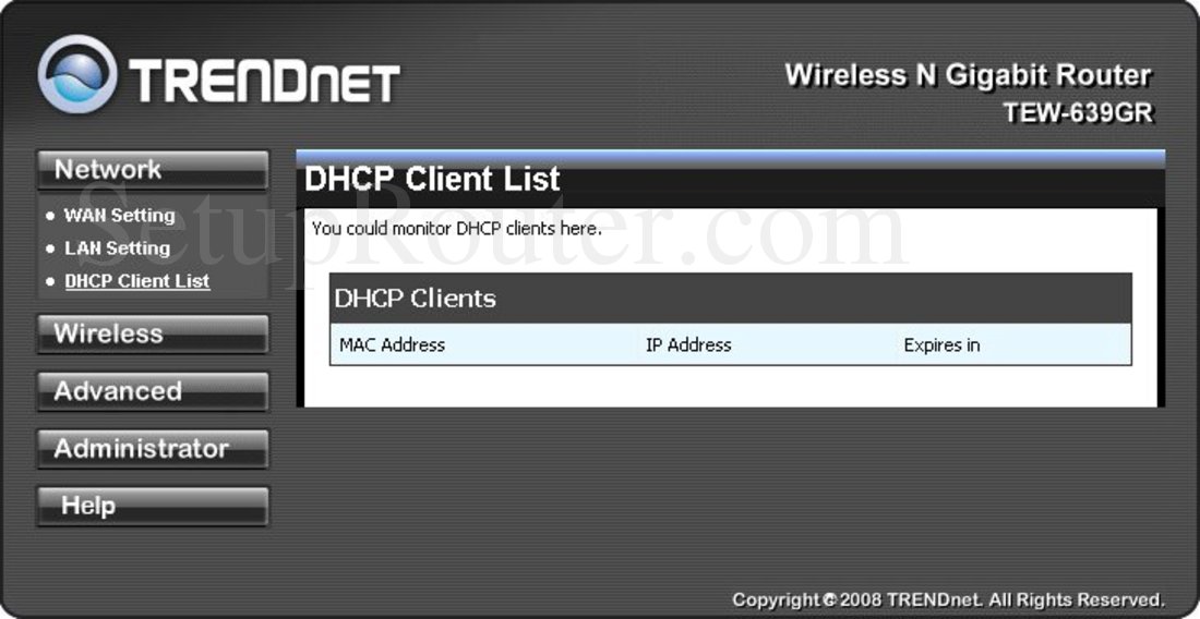 TRENDnet TEW 639GR Screenshot DHCP Client List