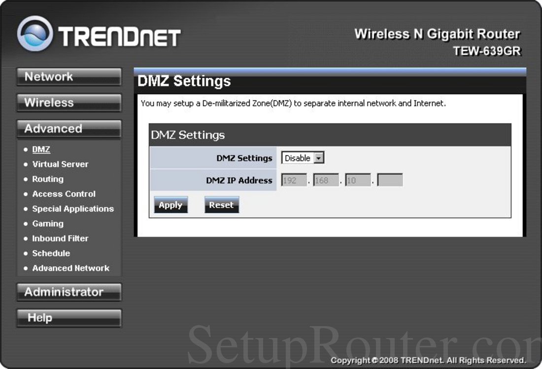TEW639GR Screenshot DMZ Settings