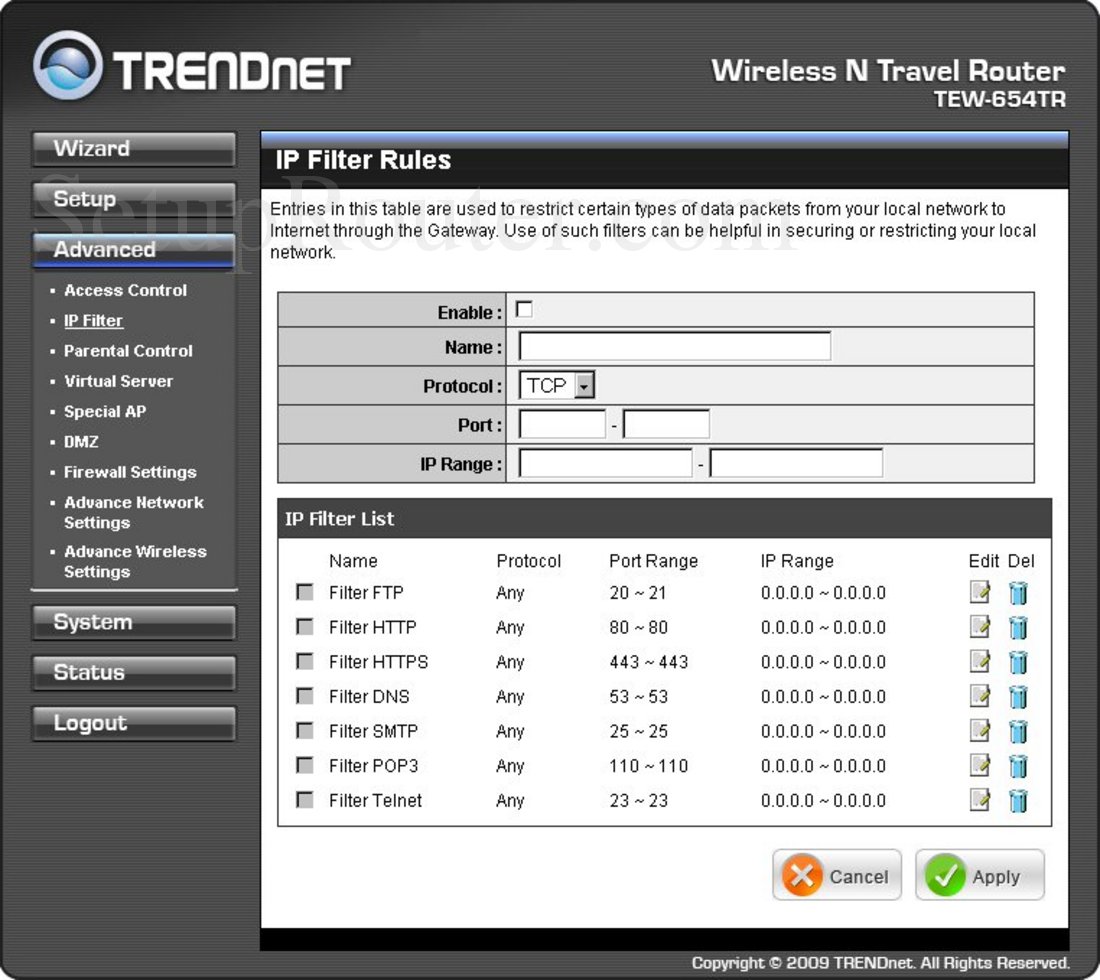 TEW654TR Screenshot IP Filter Rules