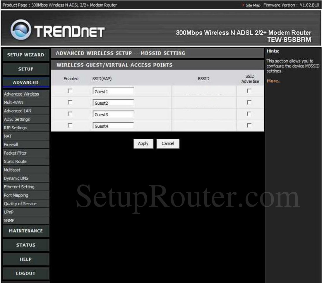 TRENDnet TEW-658BRM Screenshot Advanced Wireless Setup MBSSID Setting
