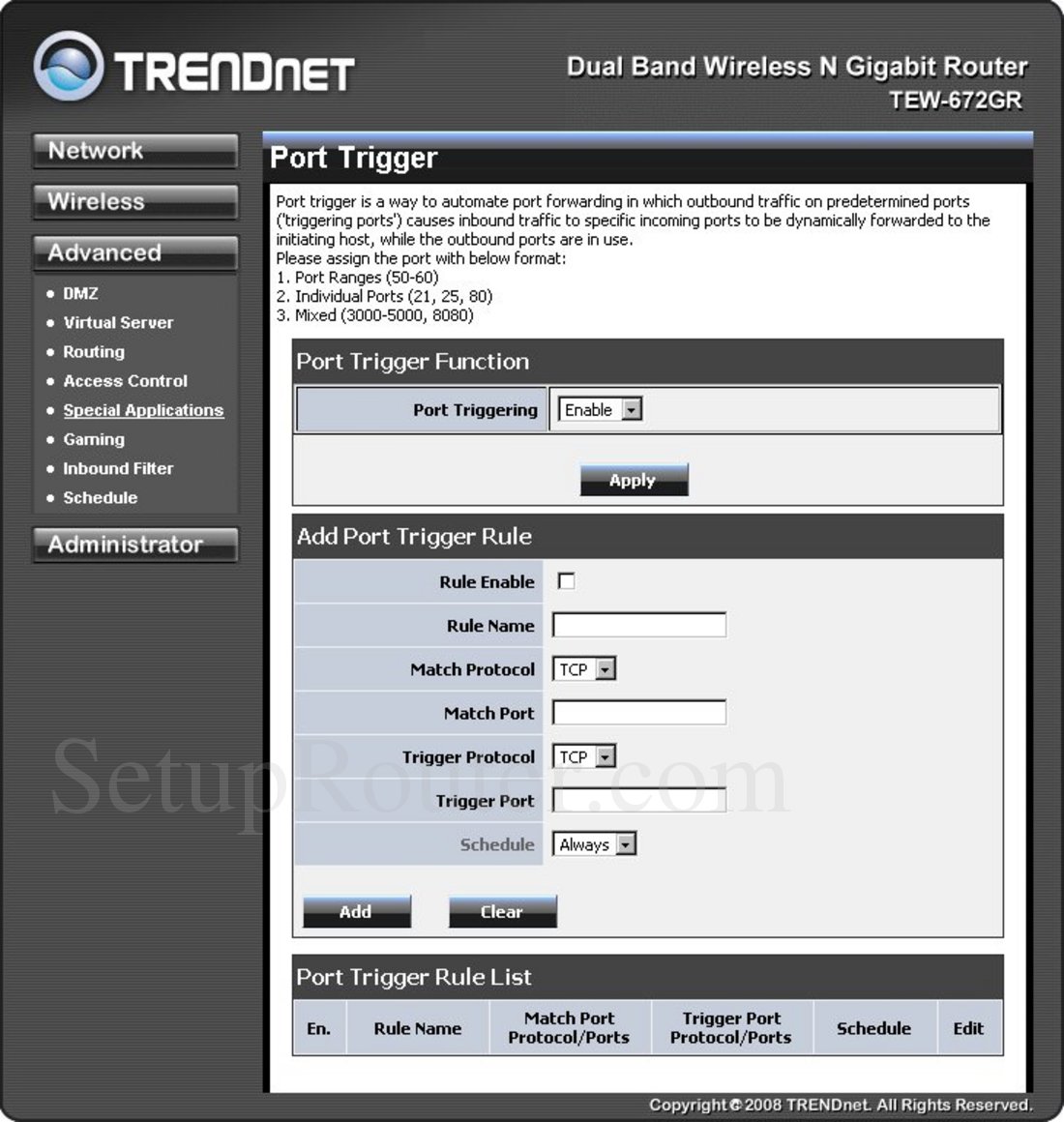 TEW672GR Screenshot Port Trigger