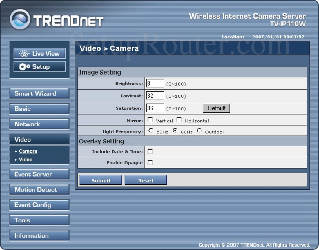 TRENDnet TV IP W Screenshot Camera Settings