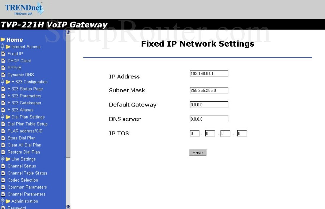 TVP221H Screenshot Fixed IP Network Settings