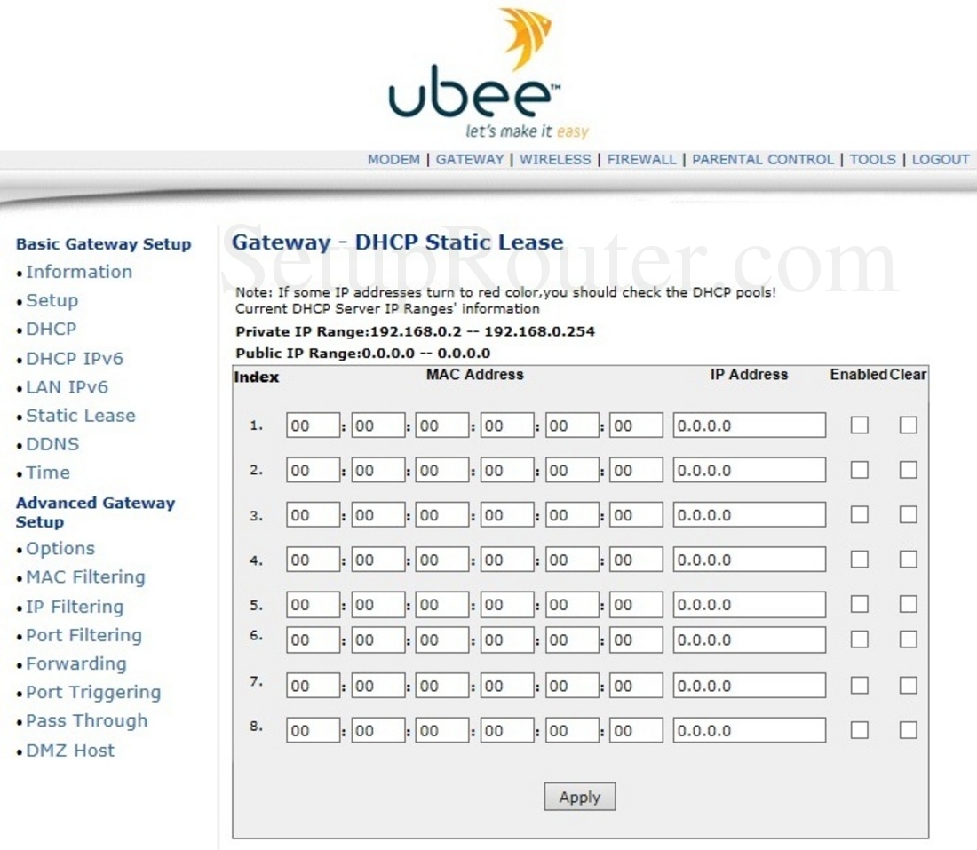 Ubee DVW3201B Screenshot Gateway Static Lease