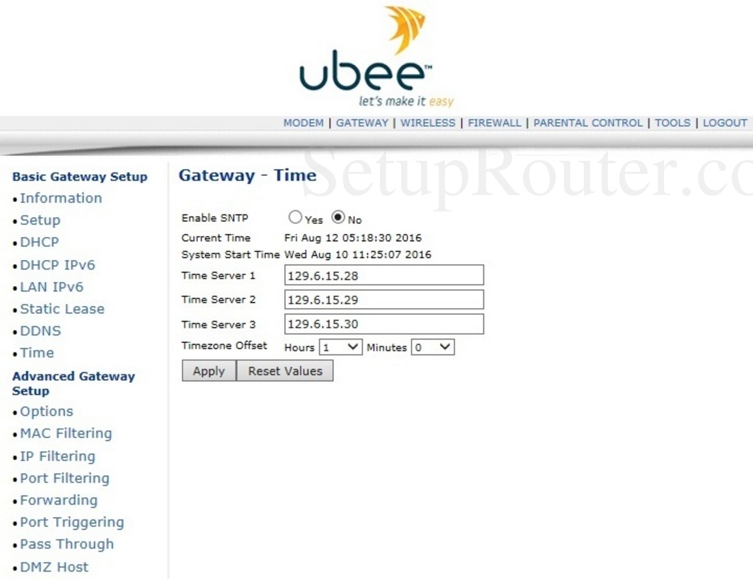 Ubee DVW3201B Screenshot Gateway Time