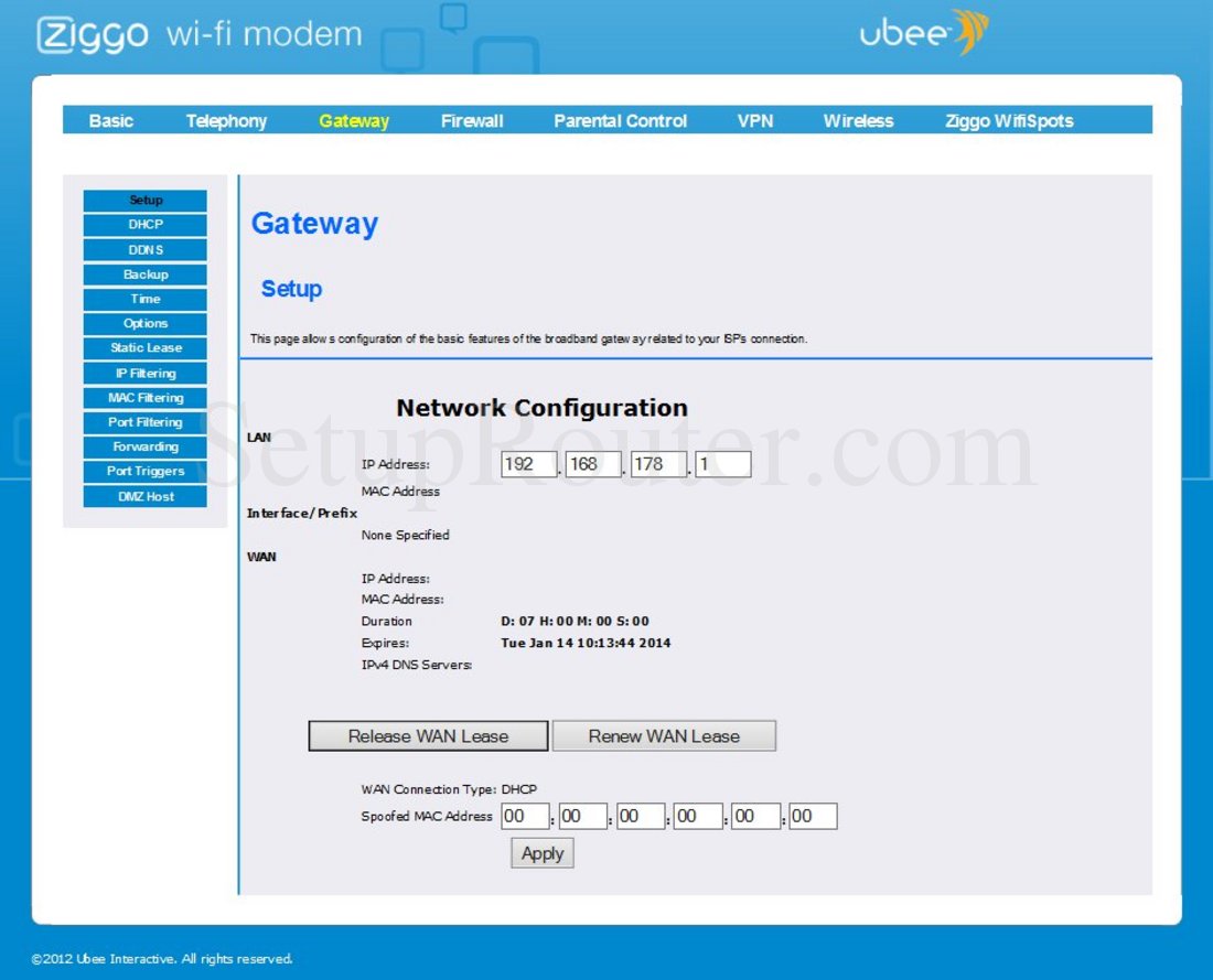 Ubee EVW320 Screenshot GatewaySetup