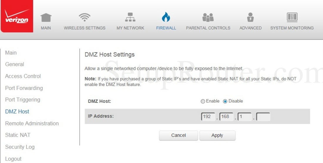 Verizon FiOSG1100 Screenshot DMZHostSettings