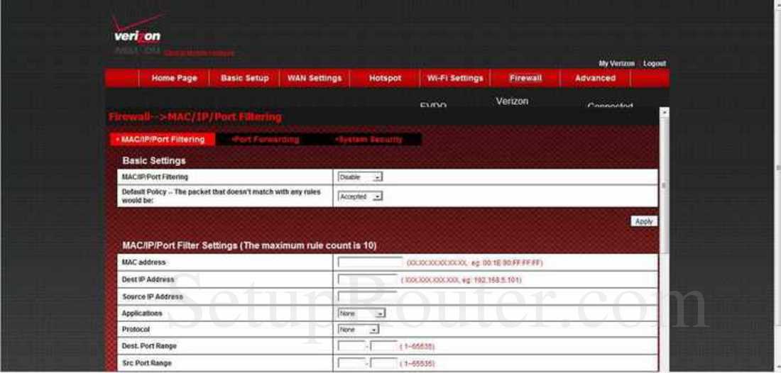 Verizon Fivespot Screenshot Port Filtering