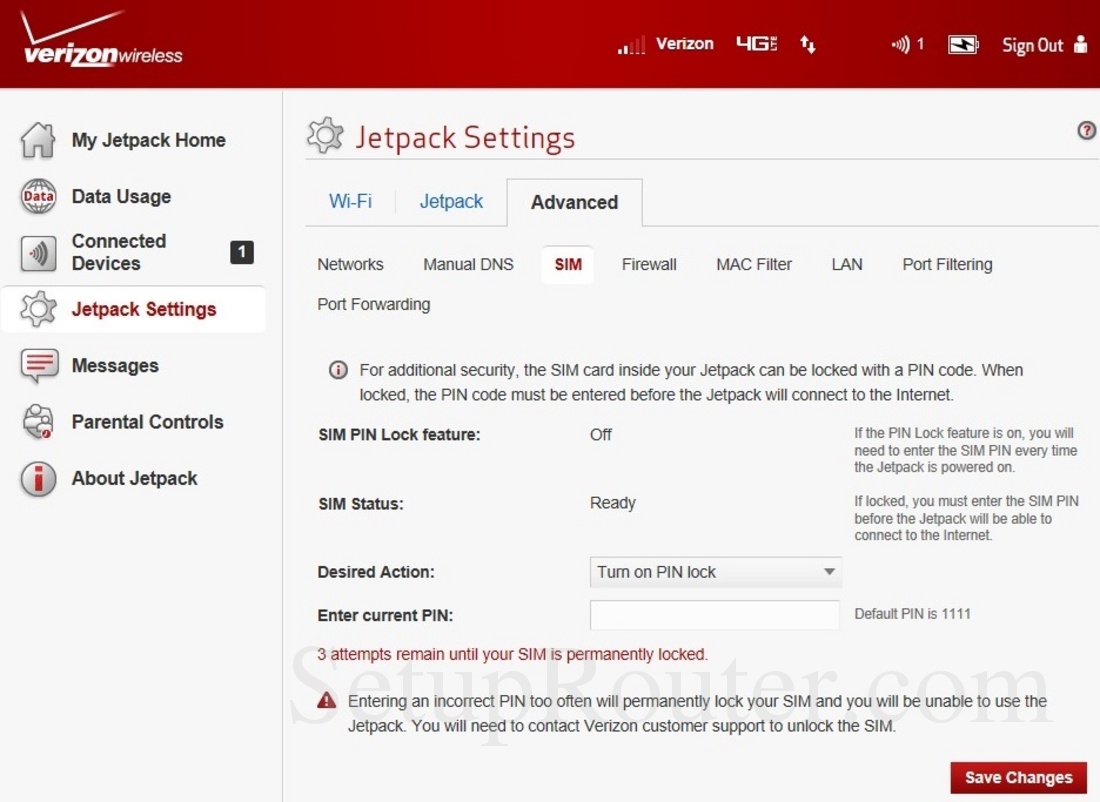 Verizon Jetpack MiFi 6620L Screenshot SIMSettings