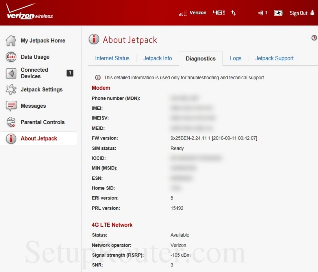 Verizon Jetpack MiFi 6620L Screenshot Diagnostics