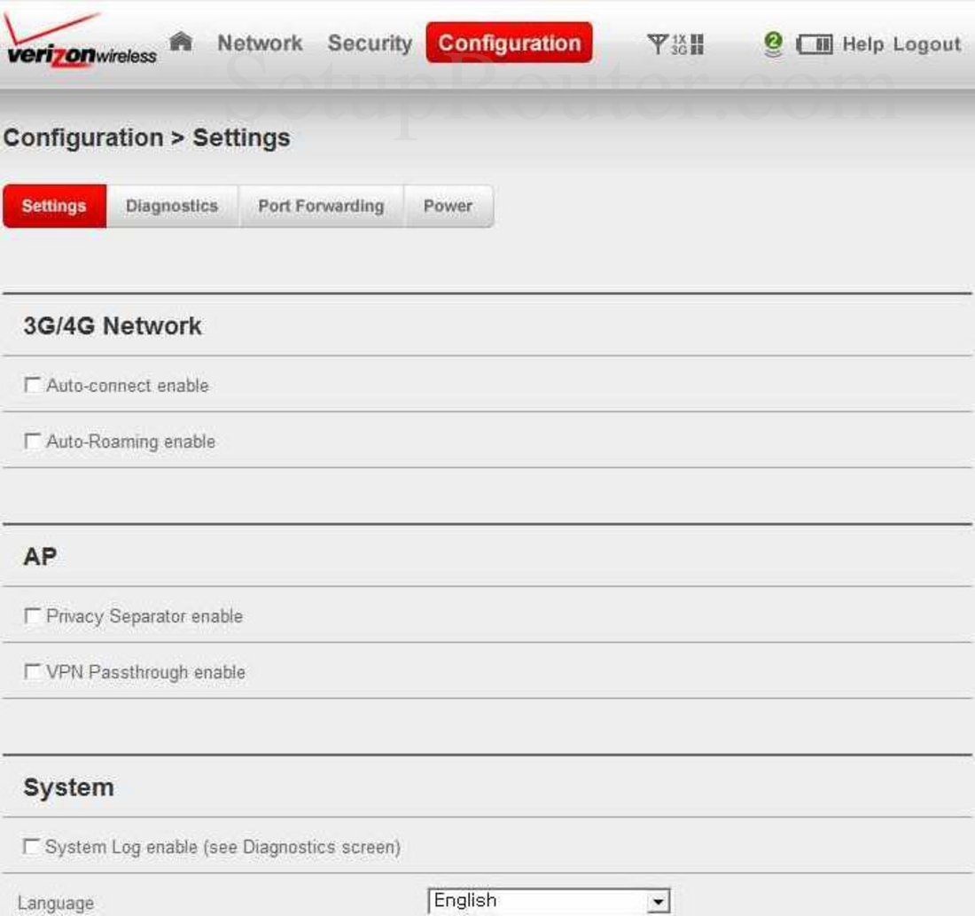Verizon MiFi2200 Screenshot Configuration Settings