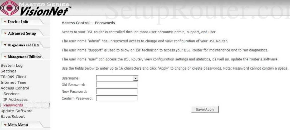 VisionNet M504 Screenshot Access Control Passwords