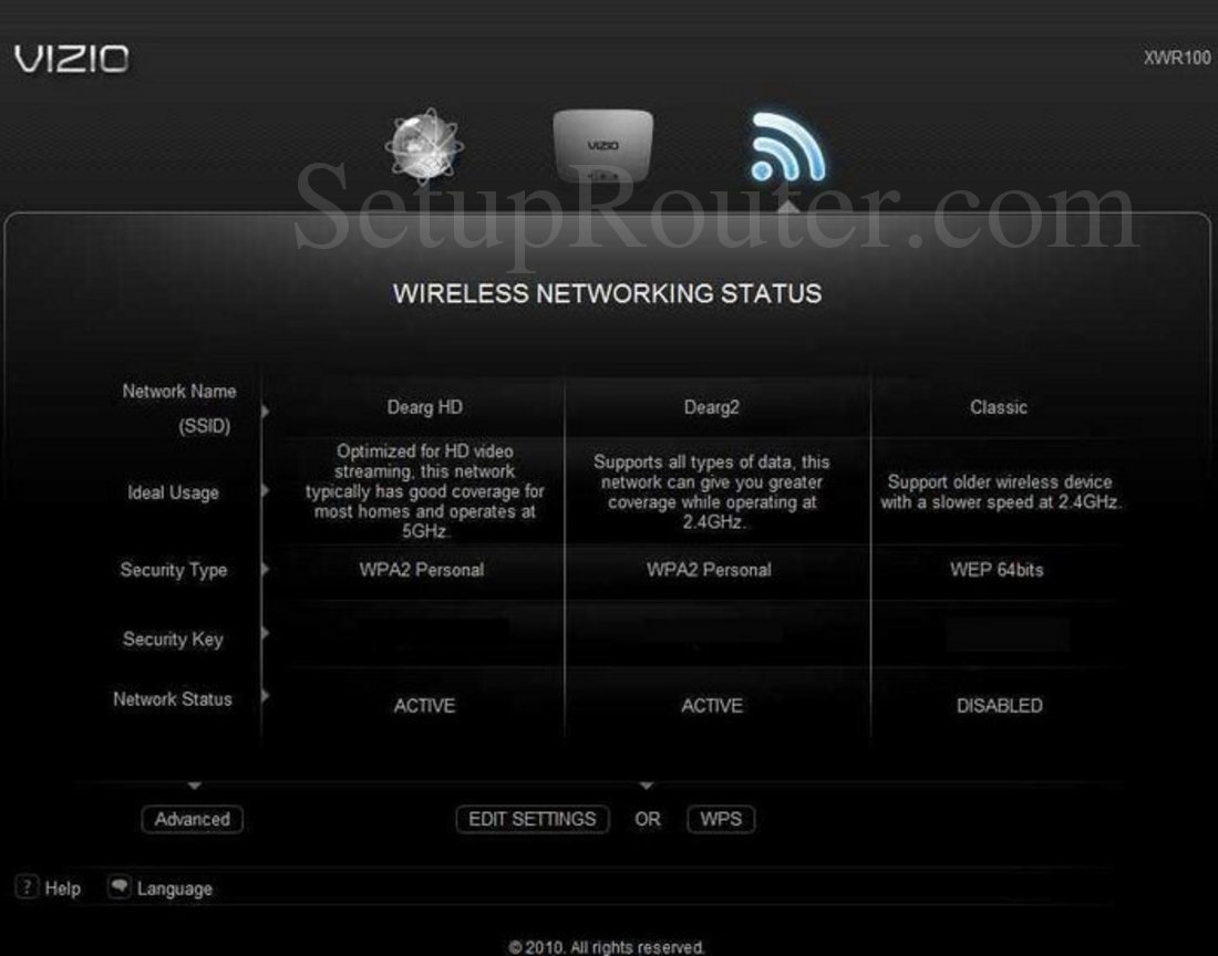 Vizio XWR100 Screenshot Wireless Networking Status