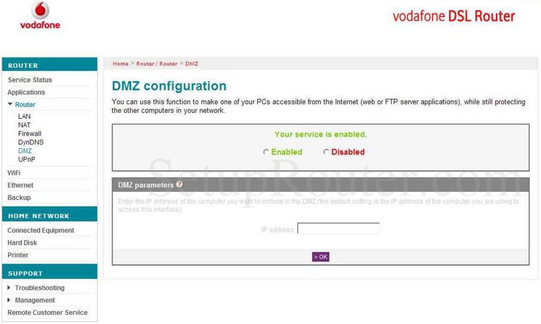 Vodafone ARV4519PW Screenshot DMZ Configuration