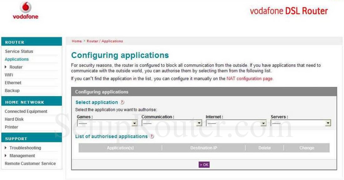 Vodafone ARV4519PW Screenshot Application Configuration