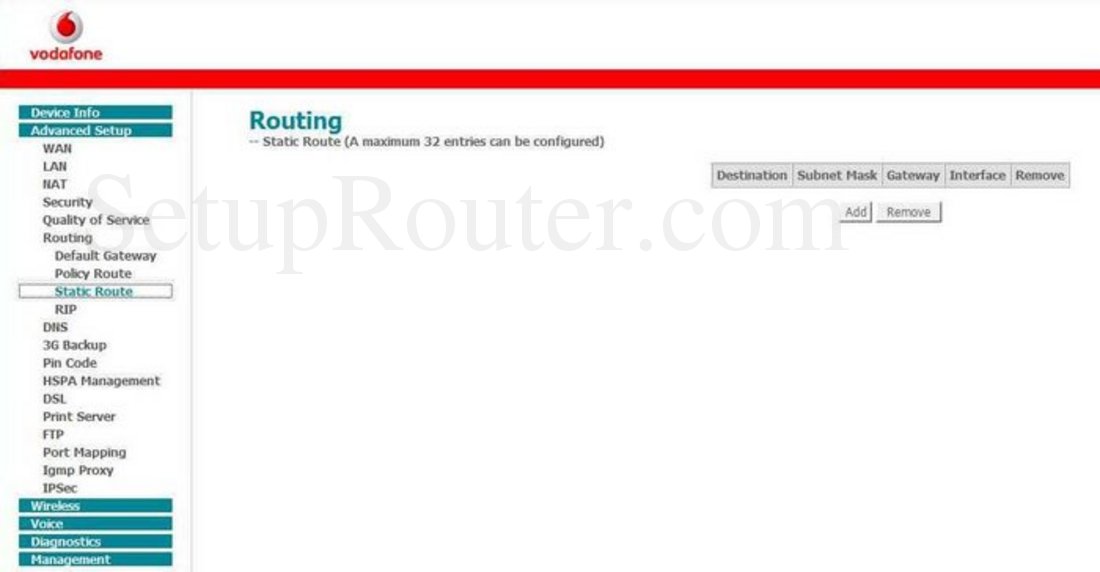 Vodafone HG556a Screenshot Routing Static Route